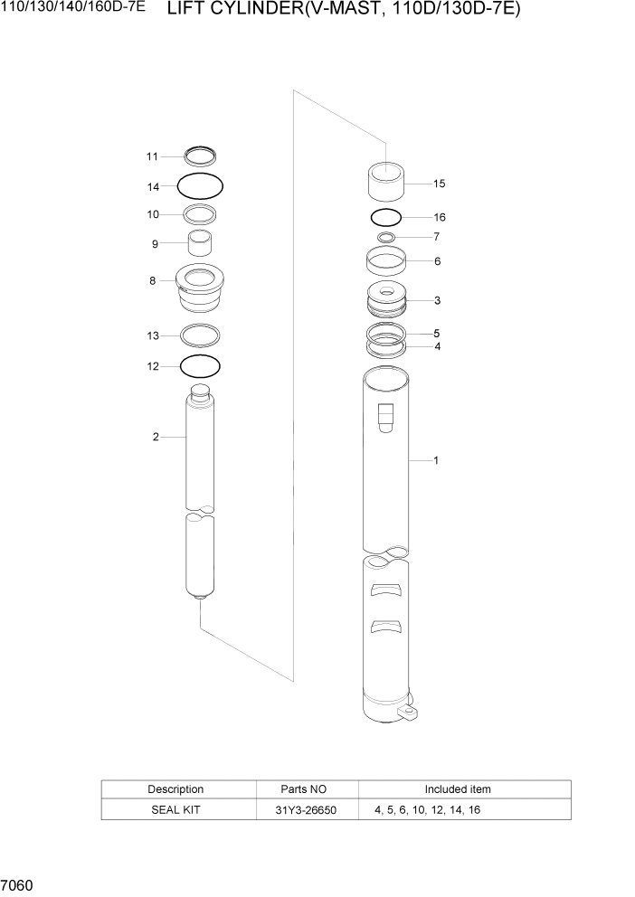 Схема запчастей Hyundai 110/130/140/160D-7E - PAGE 7060 LIFT CYLINDER(V-MAST, 110/130D-7E) РАБОЧЕЕ ОБОРУДОВАНИЕ