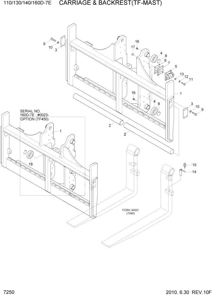 Схема запчастей Hyundai 110/130/140/160D-7E - PAGE 7250 CARRIAGE & BACKREST(TF-MAST) РАБОЧЕЕ ОБОРУДОВАНИЕ