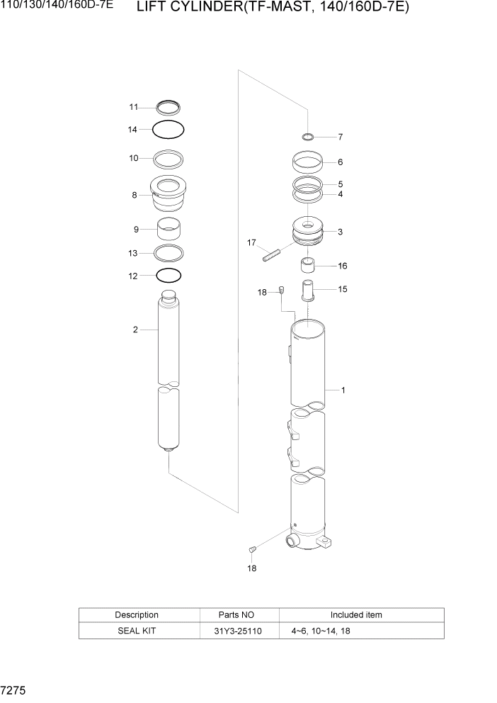 Схема запчастей Hyundai 110/130/140/160D-7E - PAGE 7275 LIFT CYLINDER(TF-MAST, 140/160D-7E) РАБОЧЕЕ ОБОРУДОВАНИЕ