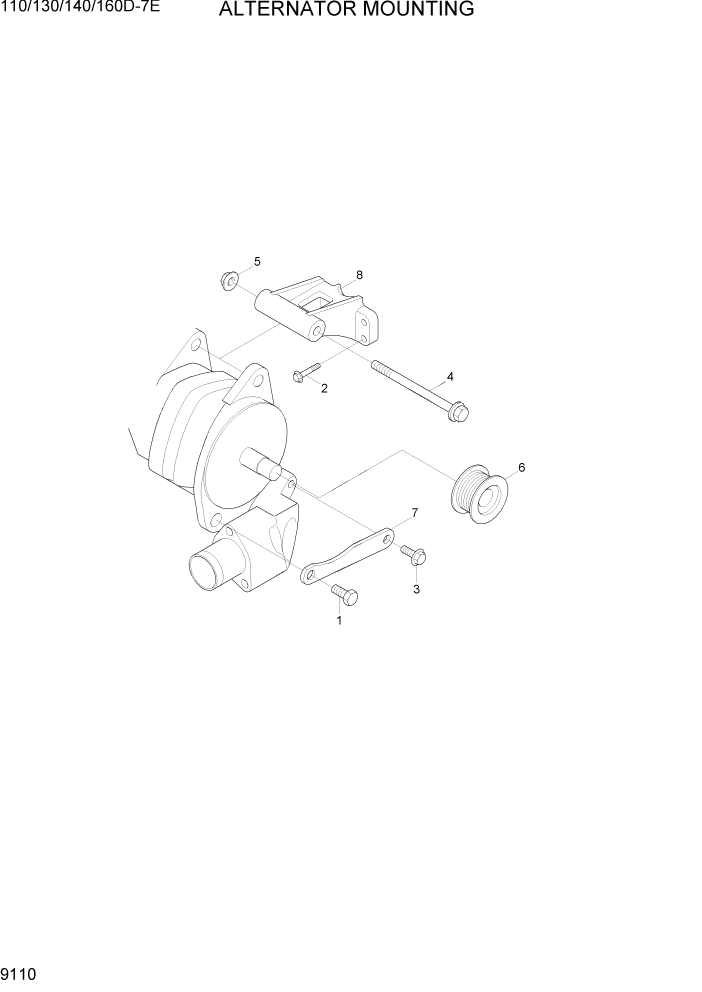 Схема запчастей Hyundai 110/130/140/160D-7E - PAGE 9110 ALTERNATOR MOUNTING ДВИГАТЕЛЬ БАЗА