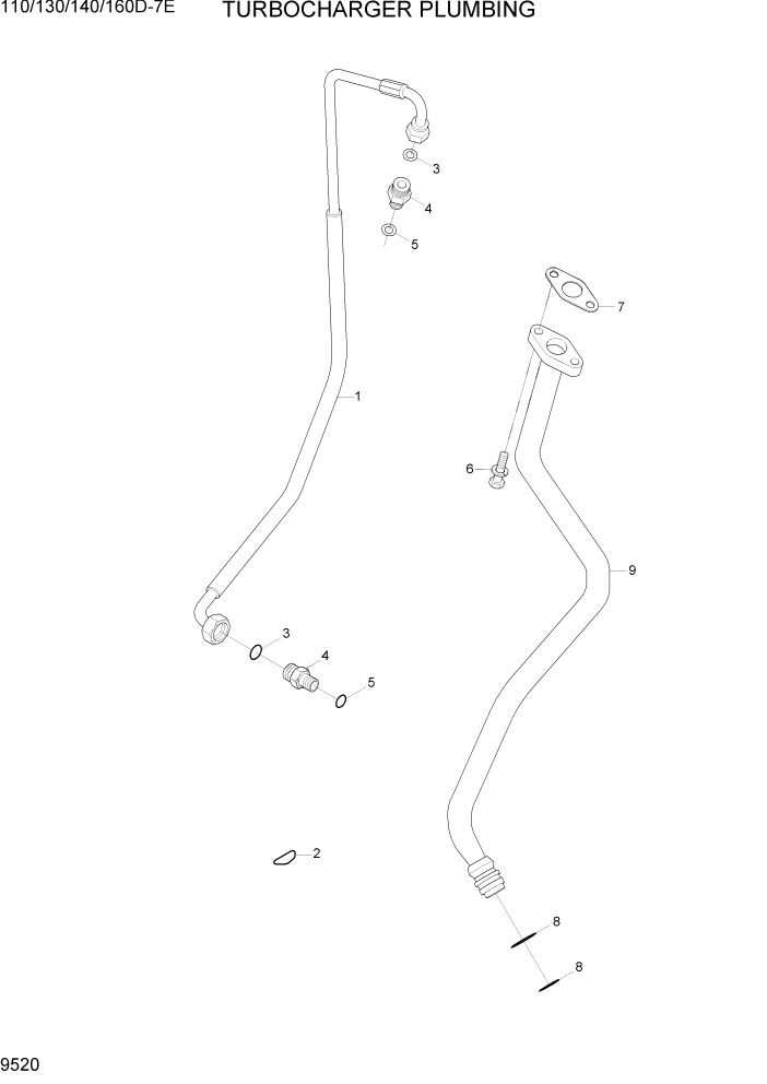 Схема запчастей Hyundai 110/130/140/160D-7E - PAGE 9520 TURBOCHARGER PLUMBING ДВИГАТЕЛЬ БАЗА