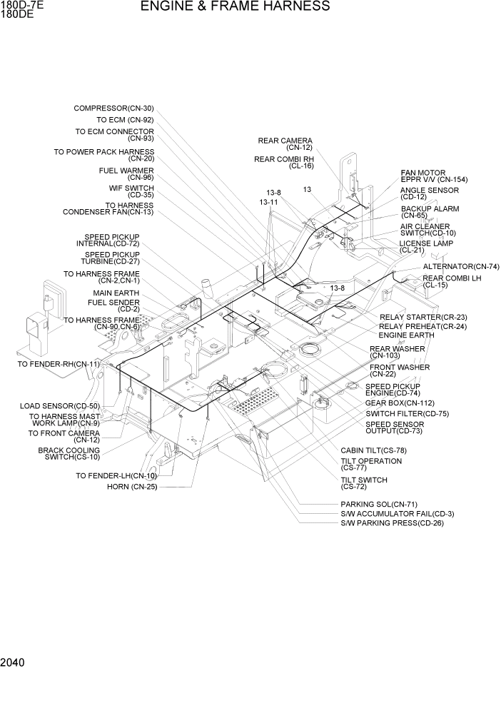 Схема запчастей Hyundai 180DE - PAGE 2040 ENGINE & FRAME HARNESS ЭЛЕКТРИЧЕСКАЯ СИСТЕМА