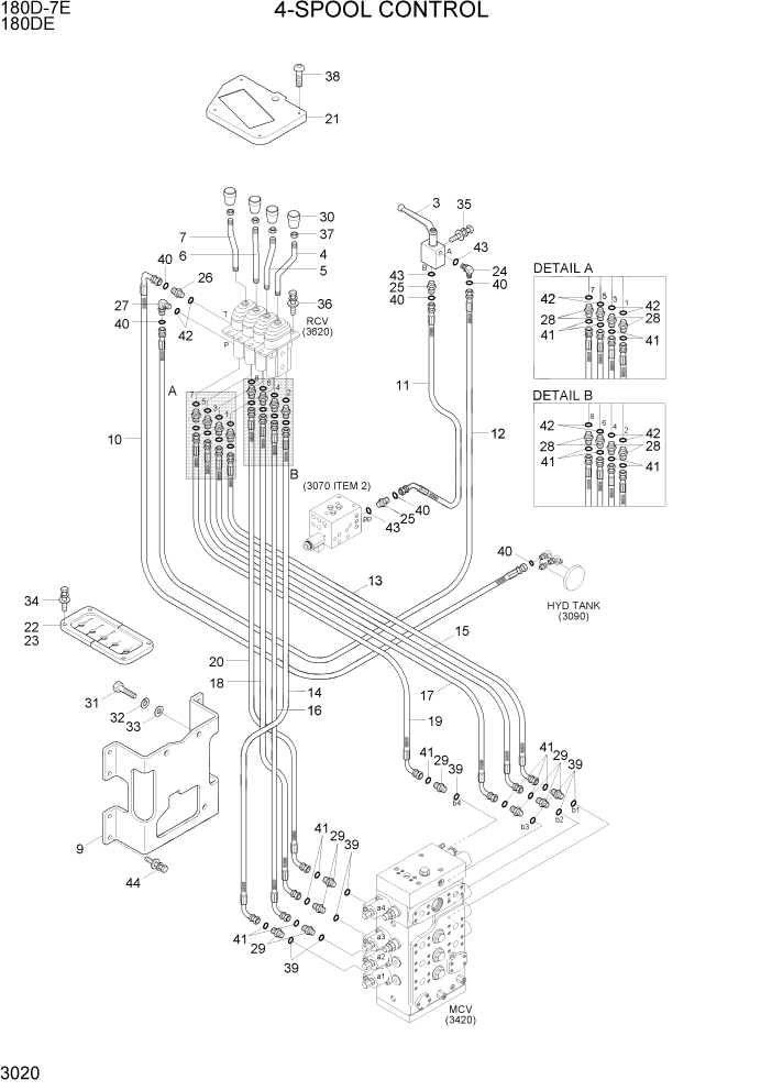 Схема запчастей Hyundai 180DE - PAGE 3020 4-SPOOL CONTROL ГИДРАВЛИЧЕСКАЯ СИСТЕМА