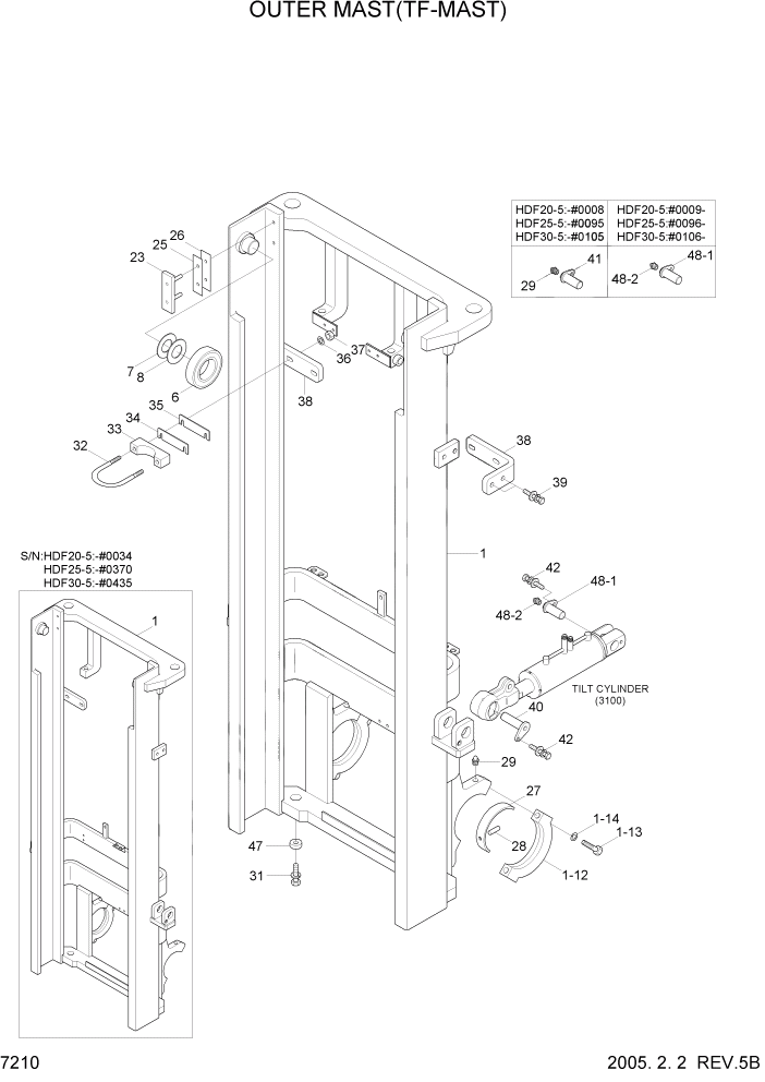 Схема запчастей Hyundai HDF20/HDF25/HDF30-5 - PAGE 7210 OUTER MAST(TF-MAST) РАБОЧЕЕ ОБОРУДОВАНИЕ