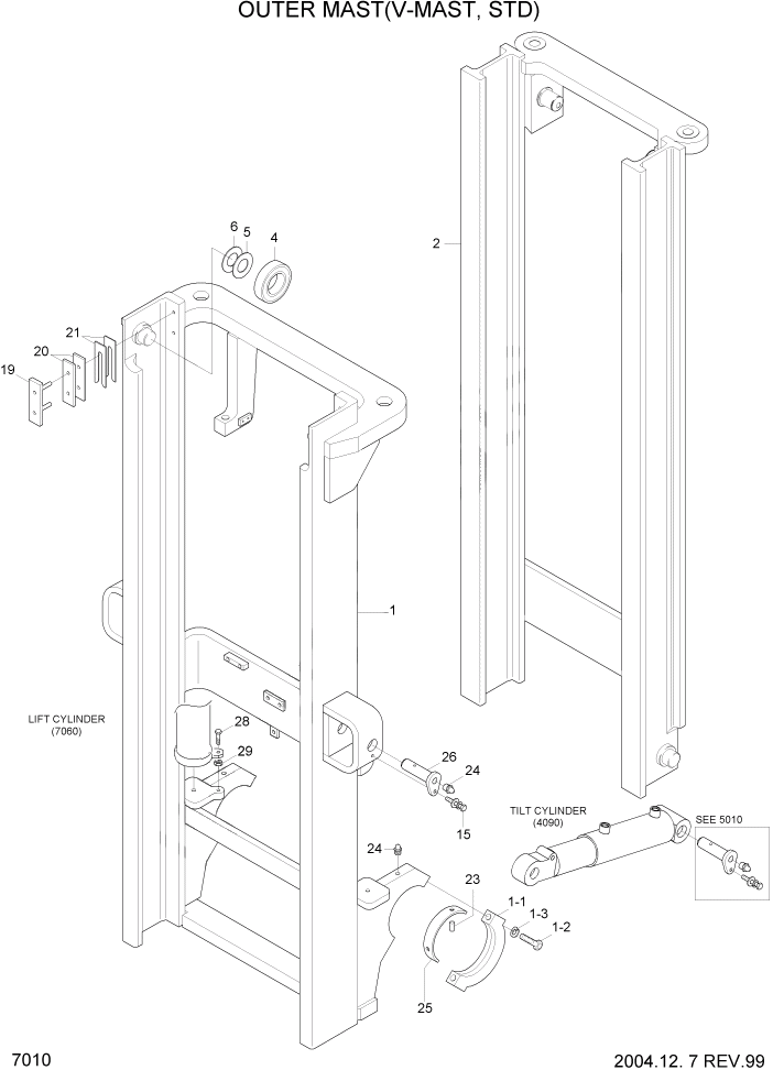 Схема запчастей Hyundai HDF35/HDF45-3 - PAGE 7010 OUTER MAST(V-MAST,STD) РАБОЧЕЕ ОБОРУДОВАНИЕ