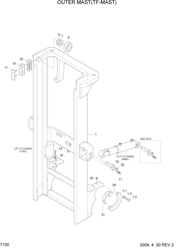 Схема запчастей Hyundai HDF35/HDF45-3 - PAGE 7100 OUTER MAST(TF-MAST) РАБОЧЕЕ ОБОРУДОВАНИЕ