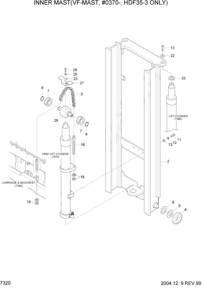 Схема запчастей Hyundai HDF35/HDF45-3 - PAGE 7320 INNER MAST(VF-MAST,#0370-,HDF35-3 ONLY) РАБОЧЕЕ ОБОРУДОВАНИЕ