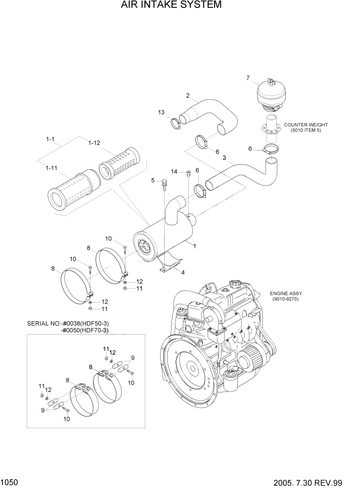 Схема запчастей Hyundai HDF50/HDF70-3 - PAGE 1050 AIR INTAKE SYSTEM СИСТЕМА ДВИГАТЕЛЯ