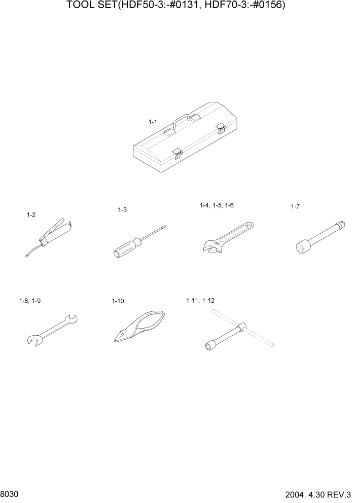 Схема запчастей Hyundai HDF50/HDF70-3 - PAGE 8030 TOOL SET(HDF50-3:-#0131,HDF70-3:-#0156) ДРУГИЕ ЧАСТИ