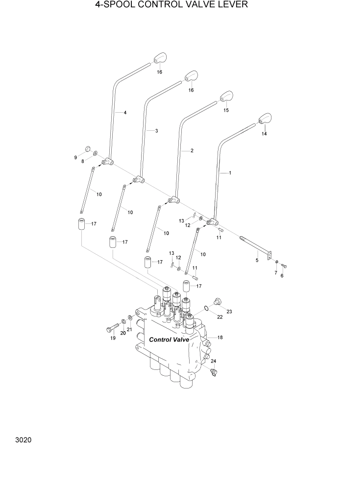 Схема запчастей Hyundai HDF20/HDF25/HDF30-2 - PAGE 3020 4-SPOOL CONTROL VALVE LEVER ГИДРАВЛИЧЕСКАЯ СИСТЕМА