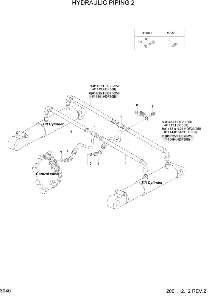 Схема запчастей Hyundai HDF20/HDF25/HDF30-2 - PAGE 3040 HYDRAULIC PIPING 2 ГИДРАВЛИЧЕСКАЯ СИСТЕМА