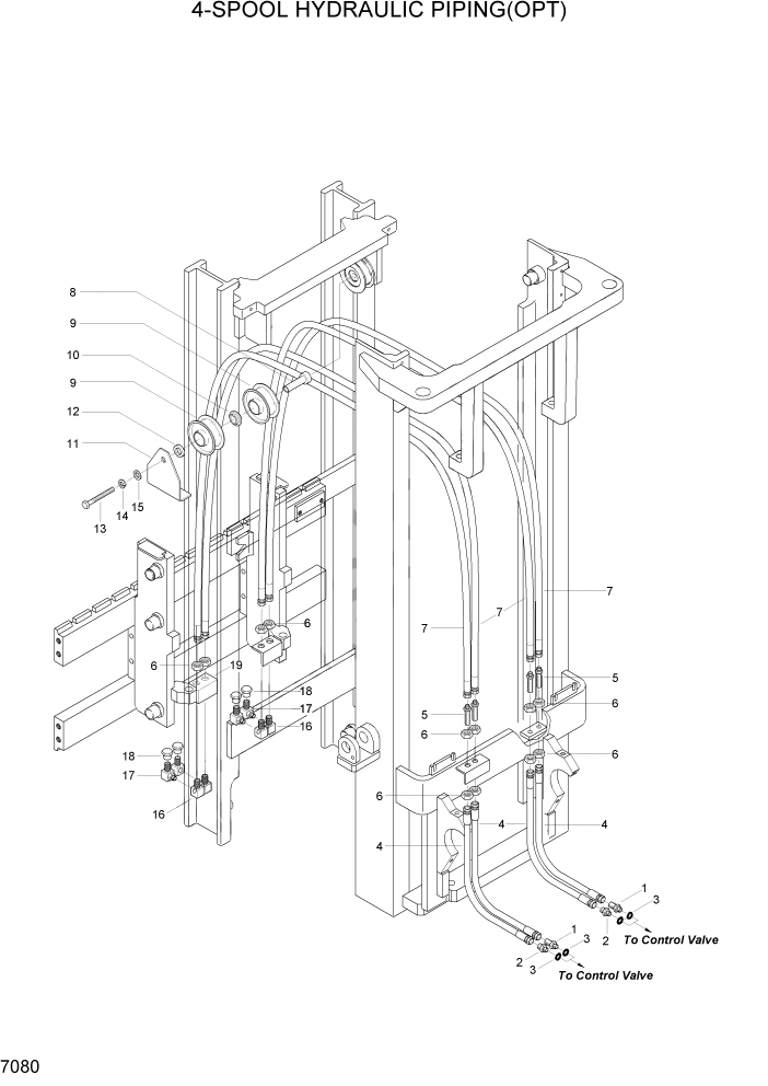 Схема запчастей Hyundai HDF20/HDF25/HDF30-2 - PAGE 7080 4-SPOOL HYDRAULIC PIPING(OPT) РАБОЧЕЕ ОБОРУДОВАНИЕ