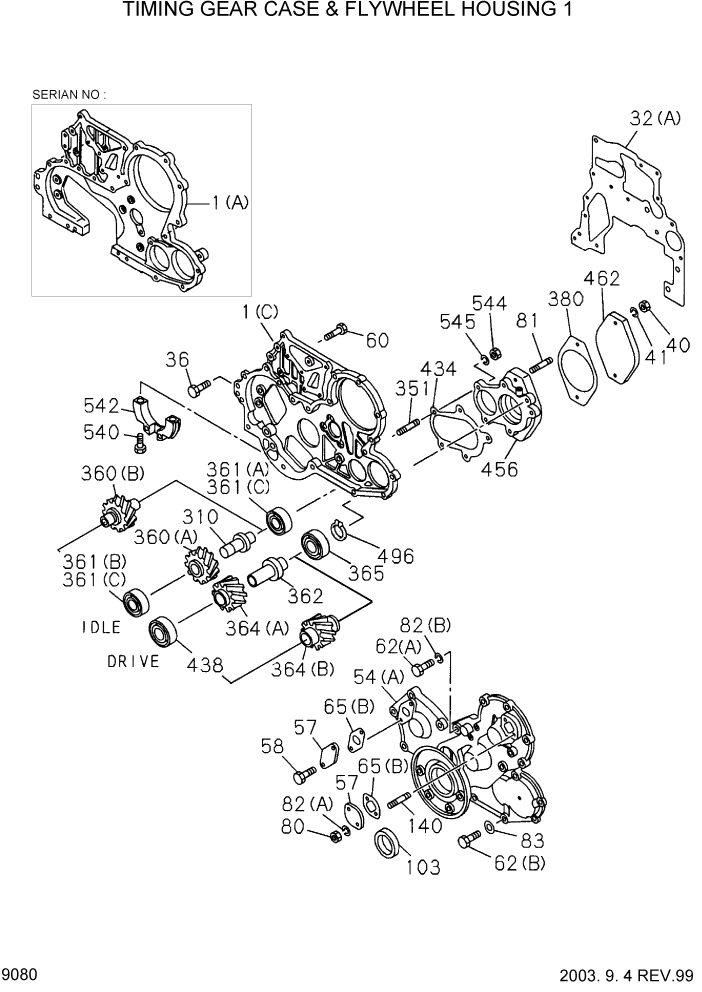 Схема запчастей Hyundai HDF20/HDF25/HDF30-2 - PAGE 9080 TIMING GEAR CASE & FLYWHEEL HOUSING 1 ДВИГАТЕЛЬ БАЗА