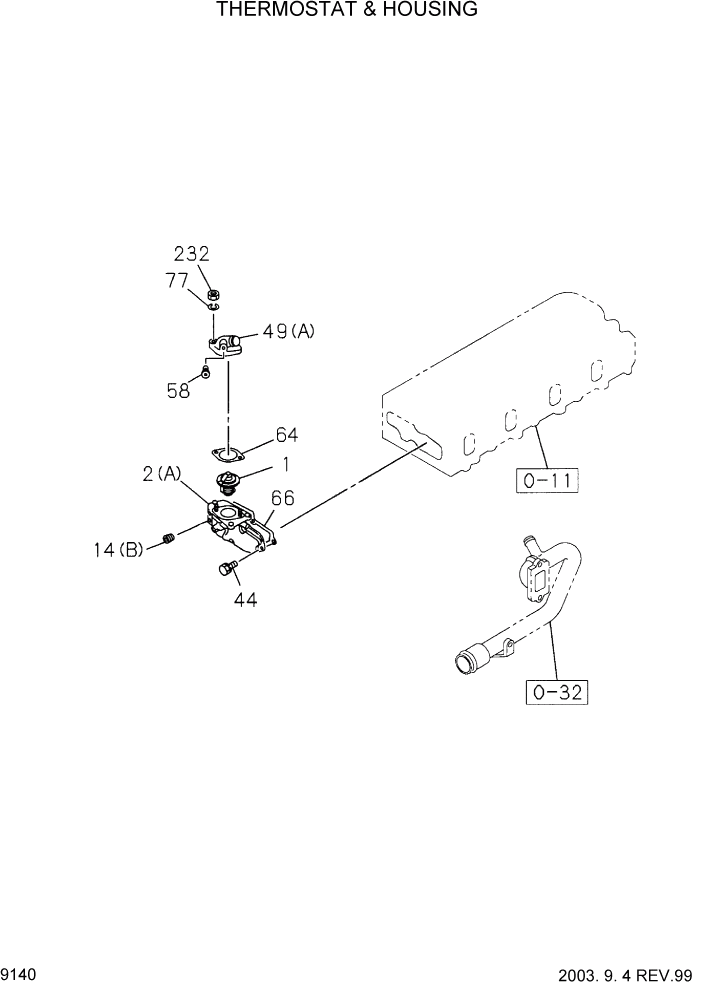 Схема запчастей Hyundai HDF20/HDF25/HDF30-2 - PAGE 9140 THERMOSTAT & HOUSING ДВИГАТЕЛЬ БАЗА