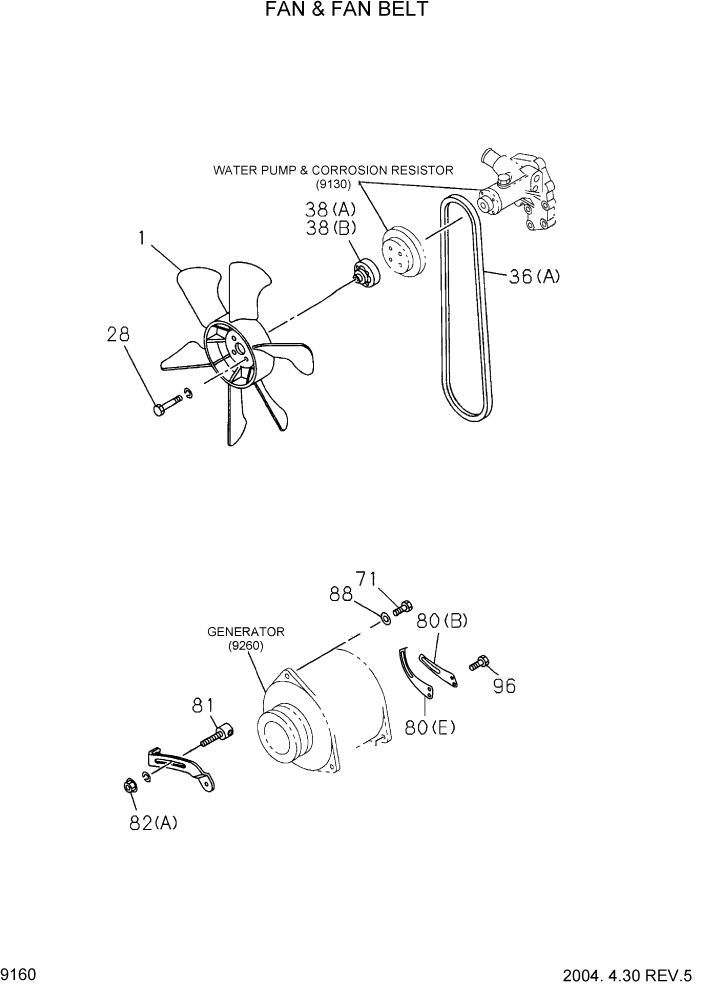 Схема запчастей Hyundai HDF20/HDF25/HDF30-2 - PAGE 9160 FAN & FAN BELT ДВИГАТЕЛЬ БАЗА