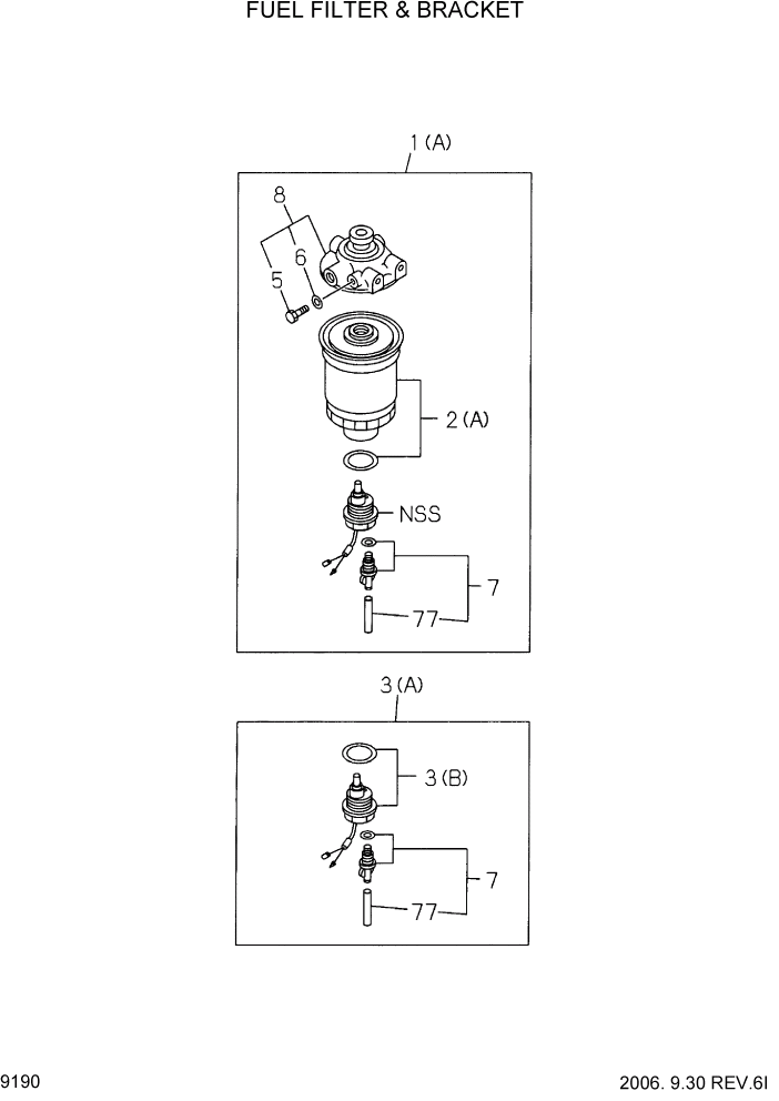 Схема запчастей Hyundai HDF20/HDF25/HDF30-2 - PAGE 9190 FUEL FILTER & BRACKET ДВИГАТЕЛЬ БАЗА