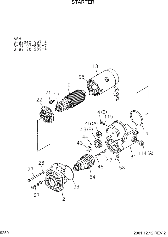 Схема запчастей Hyundai HDF20/HDF25/HDF30-2 - PAGE 9250 STARTER ДВИГАТЕЛЬ БАЗА