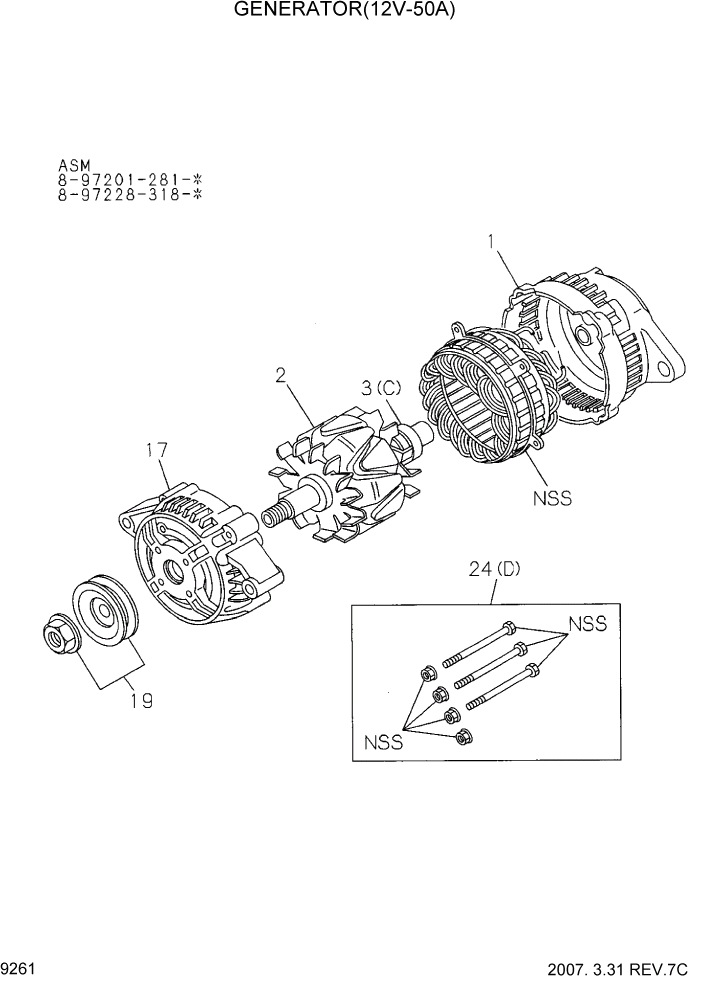 Схема запчастей Hyundai HDF20/HDF25/HDF30-2 - PAGE 9261 GENERATOR(12V-50A) ДВИГАТЕЛЬ БАЗА