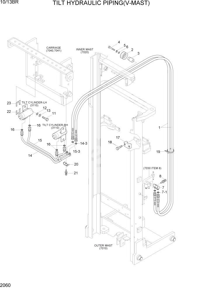 Схема запчастей Hyundai 10/13BR - PAGE 2060 TILT HYDRAULIC PIPING(V-MAST) ГИДРАВЛИЧЕСКАЯ СИСТЕМА
