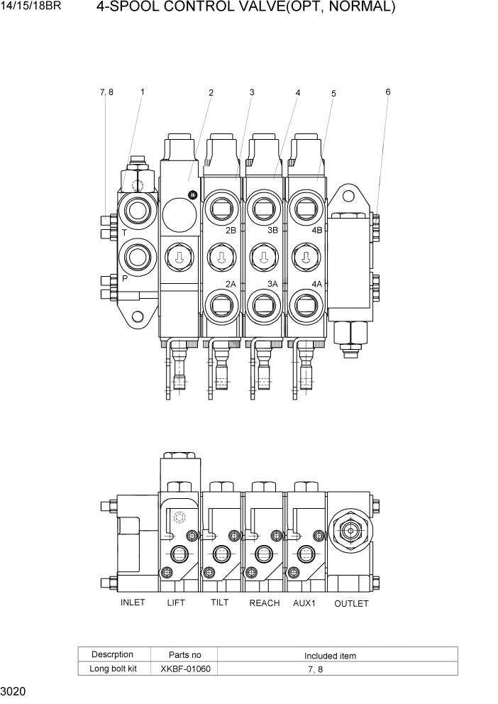 Схема запчастей Hyundai 14/15/18BR - PAGE 3020 4-SPOOL CONTROL VALVE(OPT, NORMAL) ГИДРАВЛИЧЕСКИЕ КОМПОНЕНТЫ