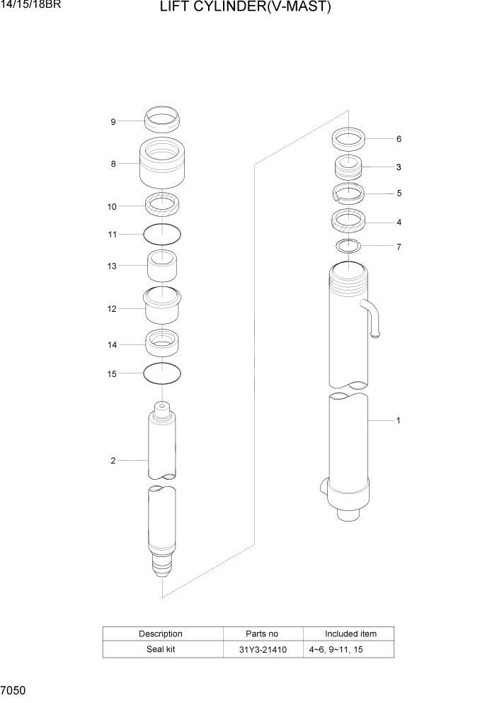 Схема запчастей Hyundai 14/15/18BR - PAGE 7050 LIFT CYLINDER(V-MAST) РАБОЧЕЕ ОБОРУДОВАНИЕ
