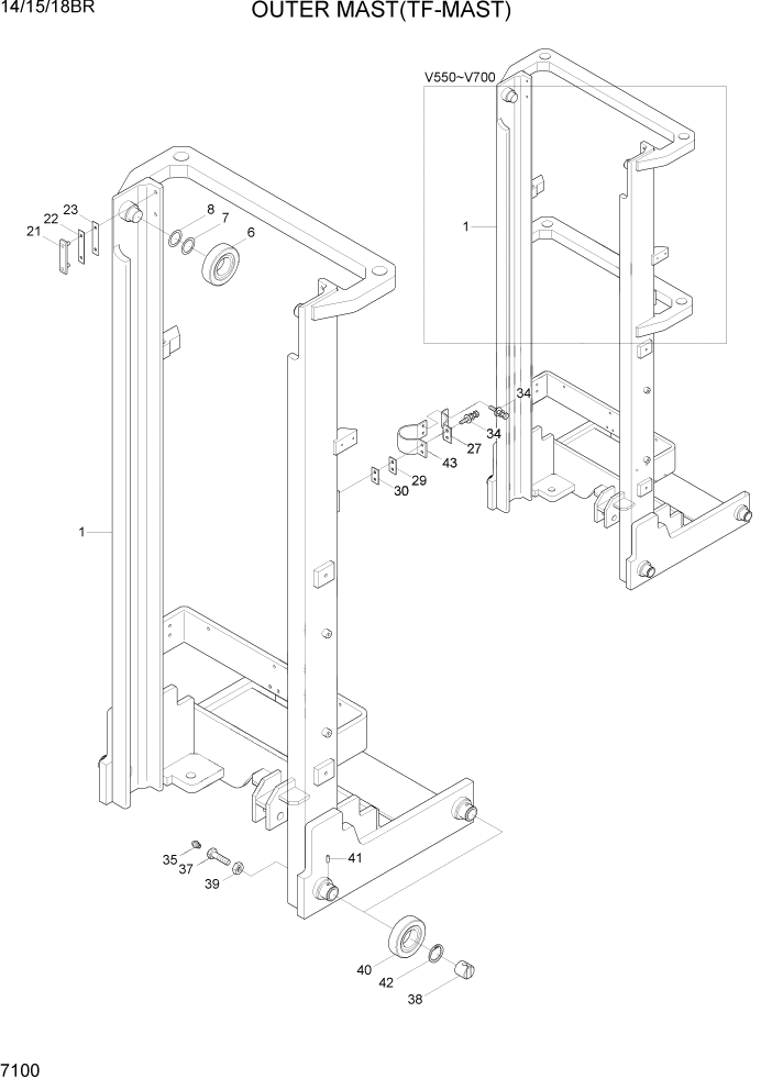 Схема запчастей Hyundai 14/15/18BR - PAGE 7100 OUTER MAST(TF-MAST) РАБОЧЕЕ ОБОРУДОВАНИЕ