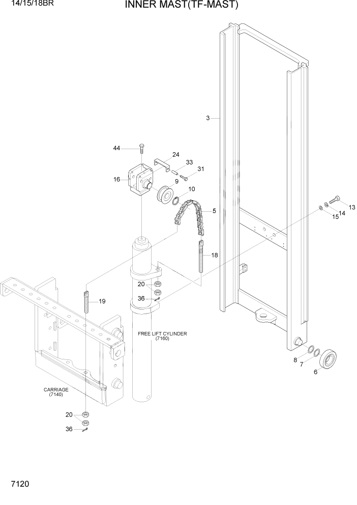 Схема запчастей Hyundai 14/15/18BR - PAGE 7120 INNER MAST(TF-MAST) РАБОЧЕЕ ОБОРУДОВАНИЕ