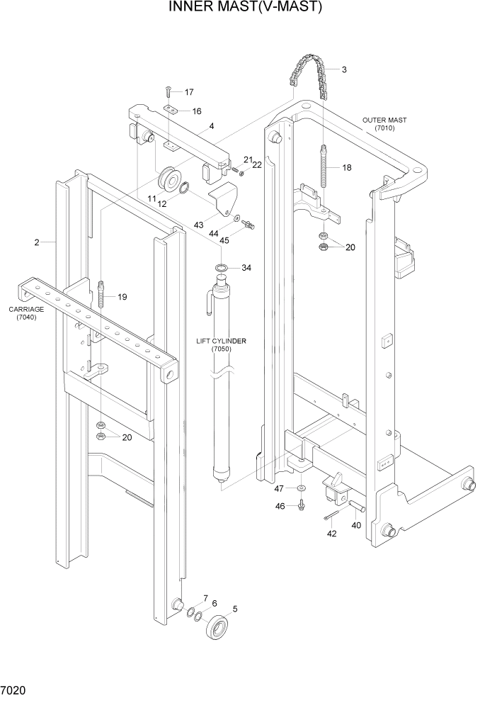 Схема запчастей Hyundai HBR14/HBR15/HBR18-7 - PAGE 7020 INNER MAST(V-MAST) РАБОЧЕЕ ОБОРУДОВАНИЕ
