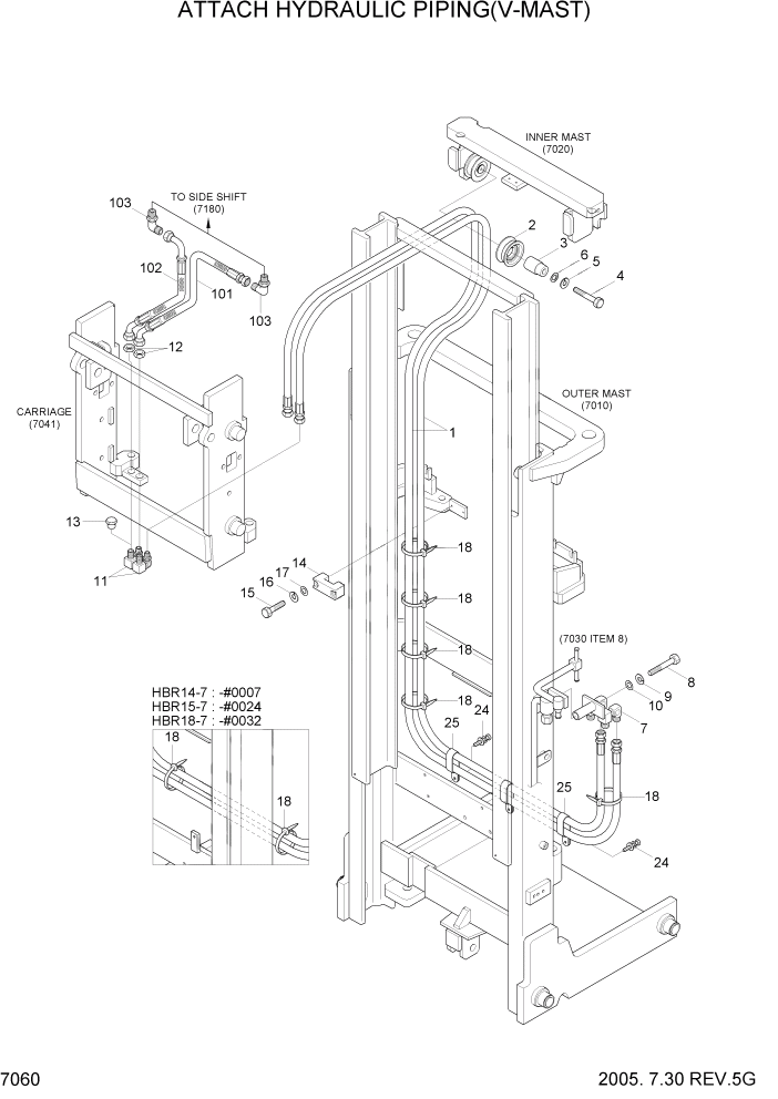 Схема запчастей Hyundai HBR14/HBR15/HBR18-7 - PAGE 7060 ATTACH HYDRAULIC PIPING(V-MAST) РАБОЧЕЕ ОБОРУДОВАНИЕ
