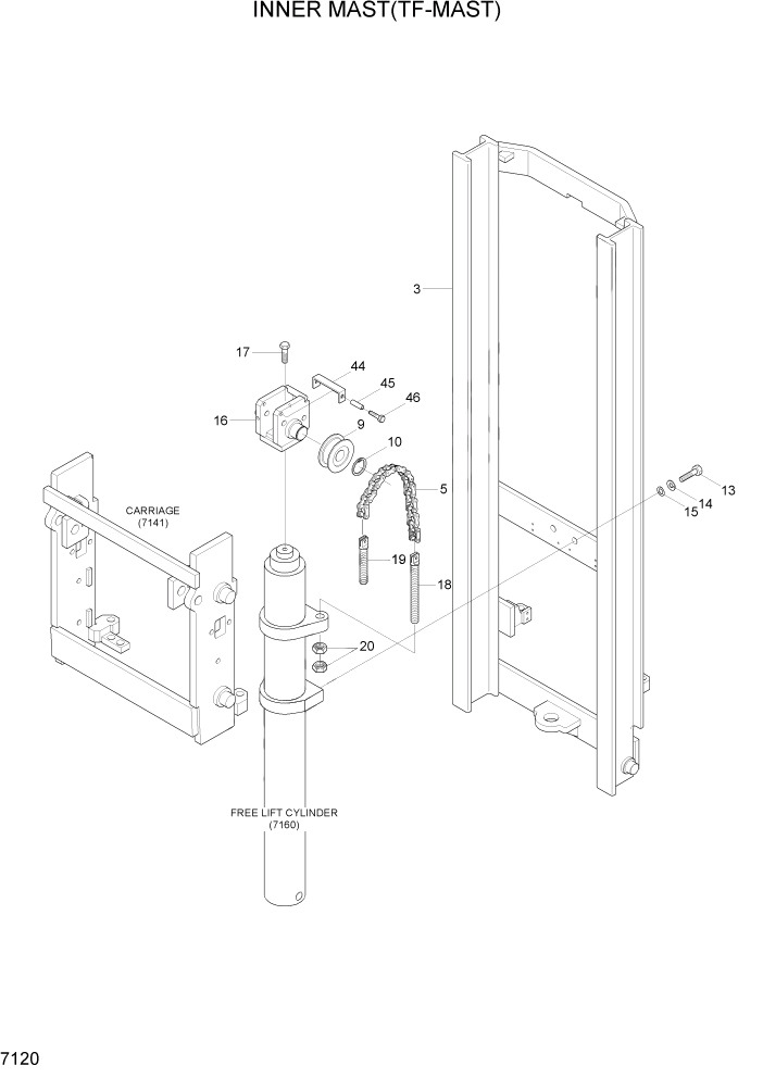 Схема запчастей Hyundai HBR14/HBR15/HBR18-7 - PAGE 7120 INNER MAST(TF-MAST) РАБОЧЕЕ ОБОРУДОВАНИЕ