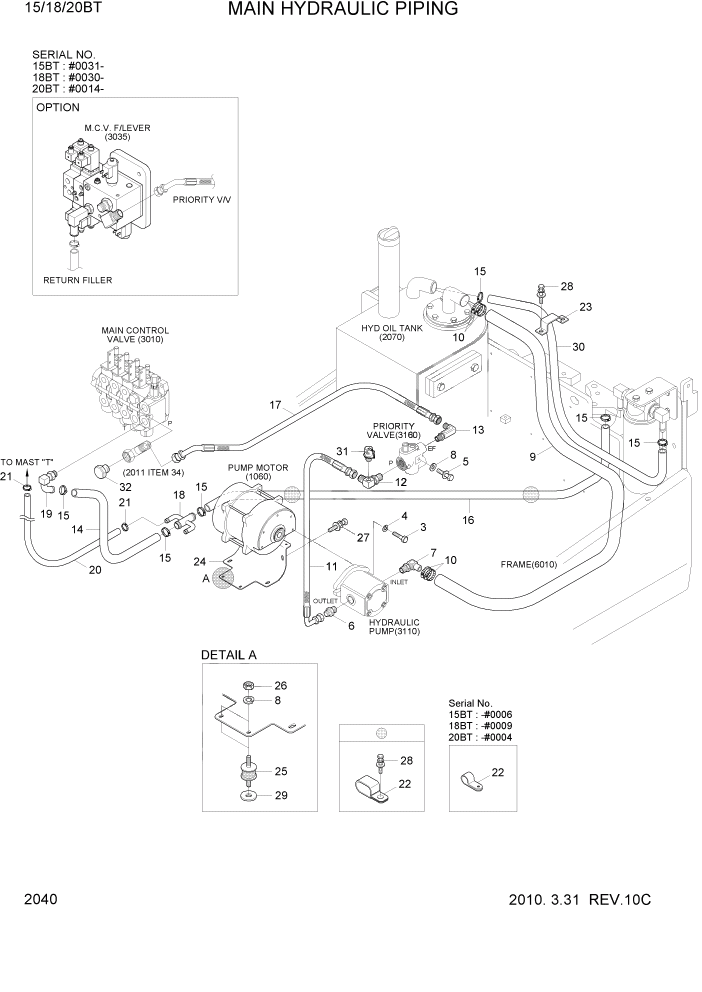 Схема запчастей Hyundai 15/18/20BT - PAGE 2040 MAIN HYDRAULIC PIPING ГИДРАВЛИЧЕСКАЯ СИСТЕМА