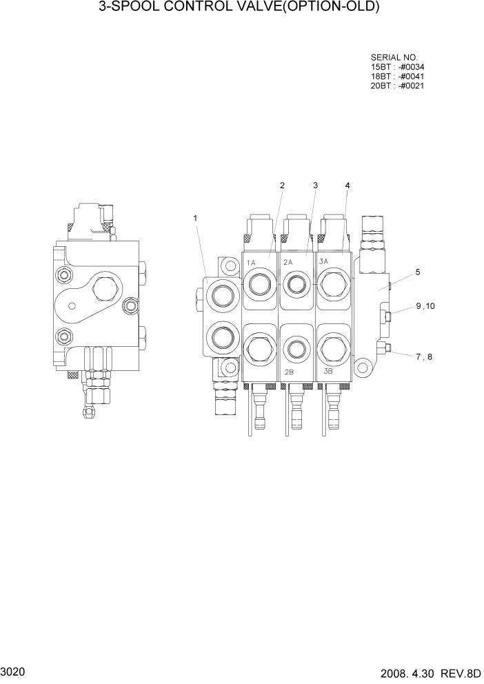 Схема запчастей Hyundai 15/18/20BT - PAGE 3020 3-SPOOL CONTROL VALVE(OPTION-OLD) ГИДРАВЛИЧЕСКИЕ КОМПОНЕНТЫ