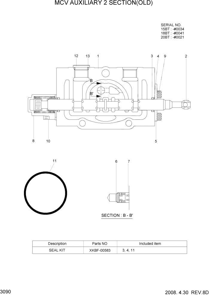 Схема запчастей Hyundai 15/18/20BT - PAGE 3090 MCV AUXILIARY 2 SECTION(OLD) ГИДРАВЛИЧЕСКИЕ КОМПОНЕНТЫ
