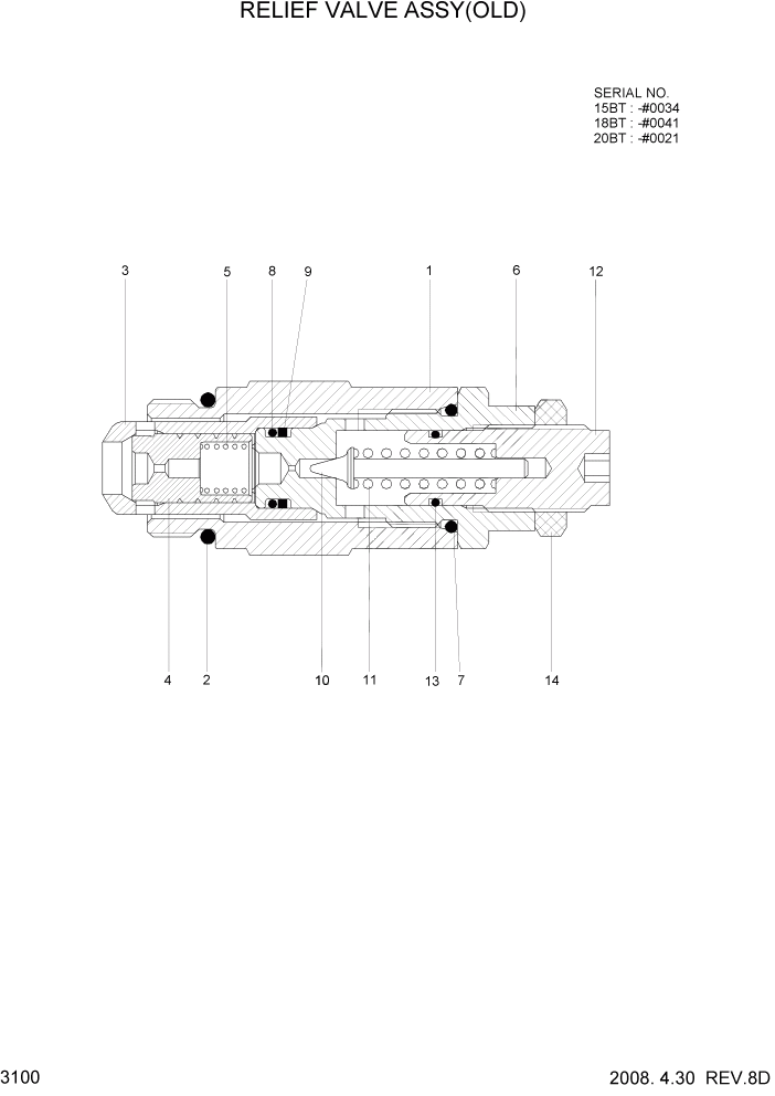 Схема запчастей Hyundai 15/18/20BT - PAGE 3100 RELIEF VALVE ASSY(OLD) ГИДРАВЛИЧЕСКИЕ КОМПОНЕНТЫ