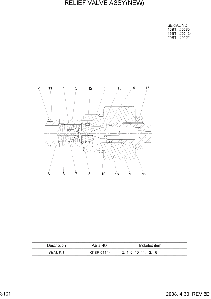 Схема запчастей Hyundai 15/18/20BT - PAGE 3101 RELIEF VALVE ASSY(NEW) ГИДРАВЛИЧЕСКИЕ КОМПОНЕНТЫ