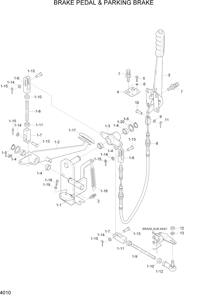 Схема запчастей Hyundai 15P/15P-7/40T/40T-7 - PAGE 4010 BRAKE PEDAL & PARKING BRAKE СИСТЕМА УПРАВЛЕНИЯ