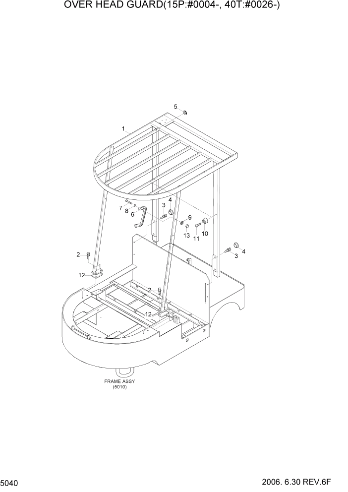Схема запчастей Hyundai 15P/15P-7/40T/40T-7 - PAGE 5040 OVER HEAD GUARD(15P:#0004-,40T:#0026-) РАМА & КОРПУС