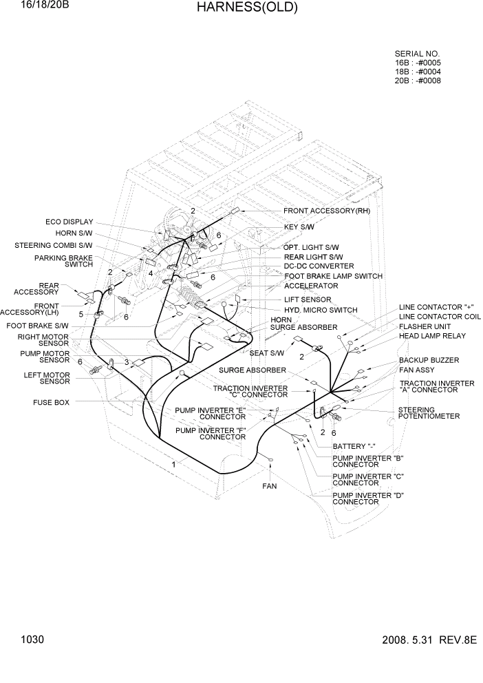 Схема запчастей Hyundai 16/18/20B-7 - PAGE 1030 HARNESS(OLD) ЭЛЕКТРИЧЕСКАЯ СИСТЕМА