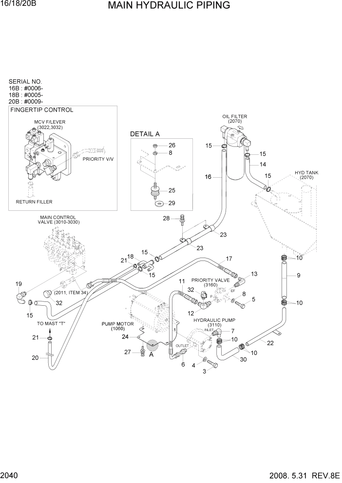 Схема запчастей Hyundai 16/18/20B-7 - PAGE 2040 MAIN HYDRAULIC PIPING ГИДРАВЛИЧЕСКАЯ СИСТЕМА