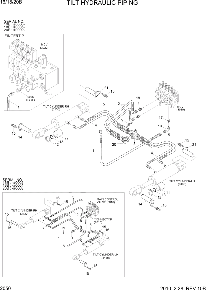 Схема запчастей Hyundai 16/18/20B-7 - PAGE 2050 TILT HYDRAULIC PIPING ГИДРАВЛИЧЕСКАЯ СИСТЕМА