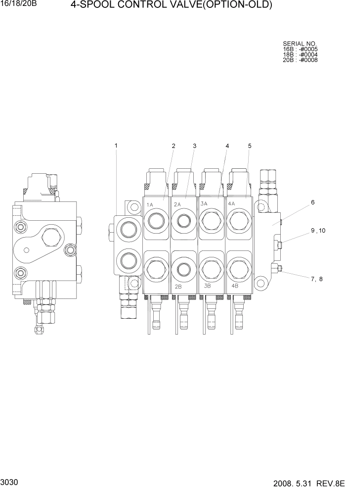Схема запчастей Hyundai 16/18/20B-7 - PAGE 3030 4-SPOOL CONTROL VALVE(OPTION-OLD) ГИДРАВЛИЧЕСКИЕ КОМПОНЕНТЫ