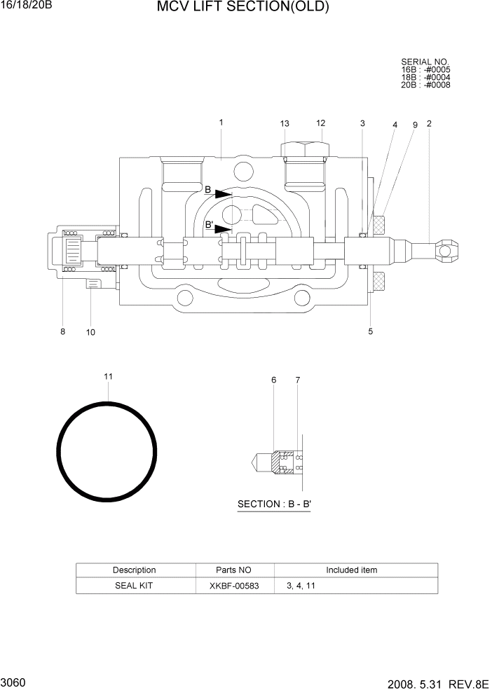 Схема запчастей Hyundai 16/18/20B-7 - PAGE 3060 MCV LIFT SECTION(OLD) ГИДРАВЛИЧЕСКИЕ КОМПОНЕНТЫ