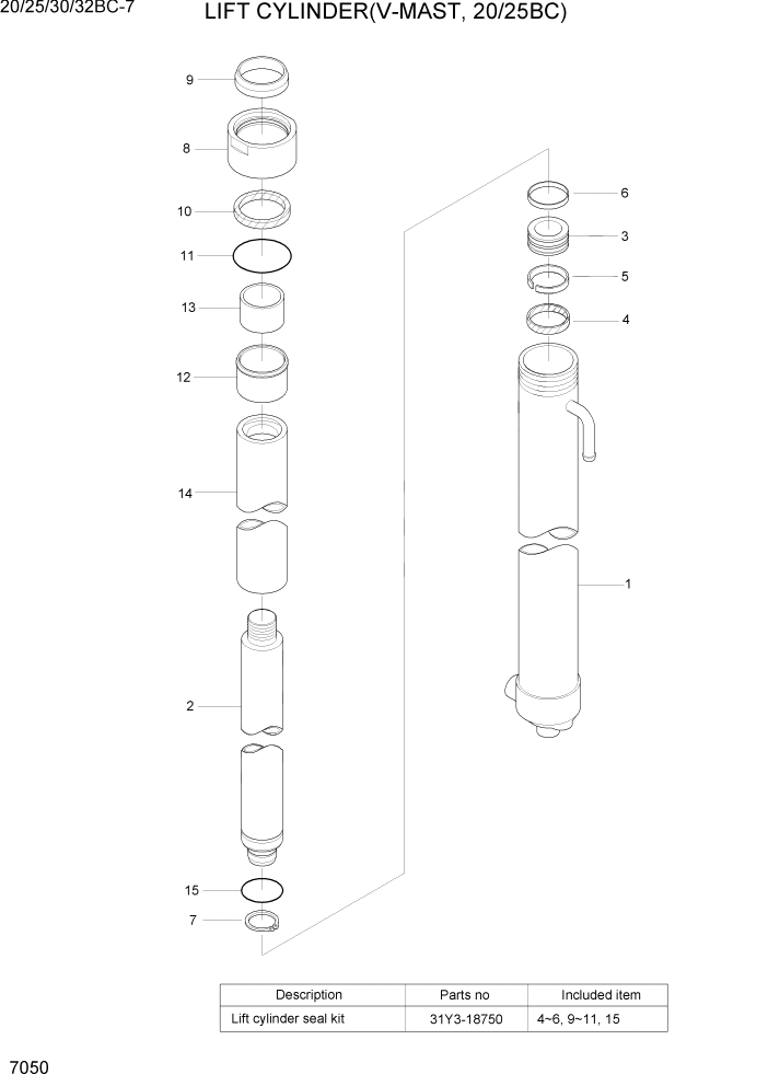 Схема запчастей Hyundai 20BC-7 - PAGE 7050 LIFT CYLINDER(V-MAST, 20/25BC) РАБОЧЕЕ ОБОРУДОВАНИЕ