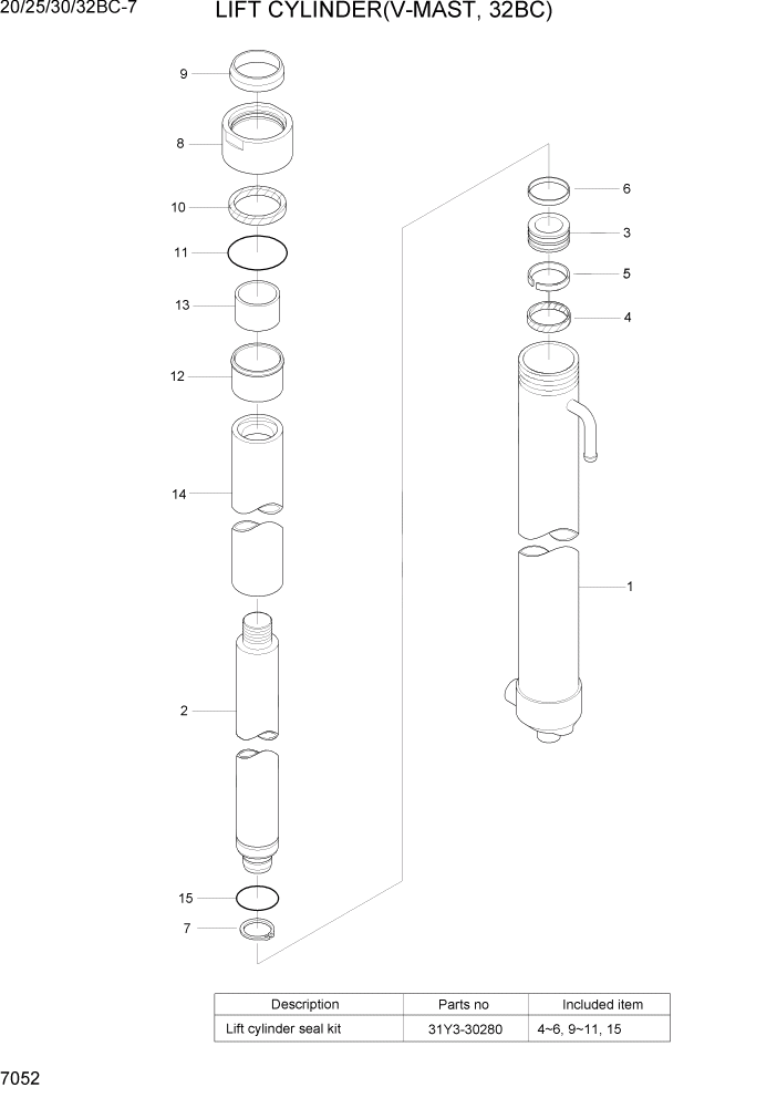 Схема запчастей Hyundai 20BC-7 - PAGE 7052 LIFT CYLINDER(V-MAST, 32BC) РАБОЧЕЕ ОБОРУДОВАНИЕ