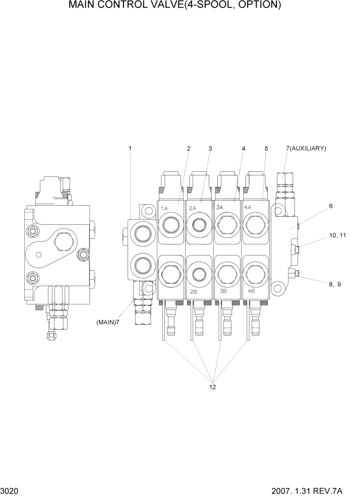 Схема запчастей Hyundai 20/25/30BH-7 - PAGE 3020 MAIN CONTROL VALVE(4-SPOOL,OPTION) ГИДРАВЛИЧЕСКИЕ КОМПОНЕНТЫ