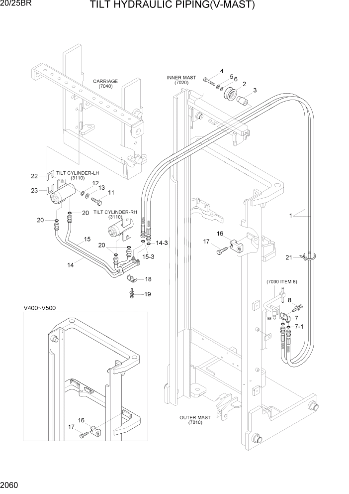 Схема запчастей Hyundai 20/25BR - PAGE 2060 TILT HYDRAULIC PIPING(V-MAST) ГИДРАВЛИЧЕСКАЯ СИСТЕМА