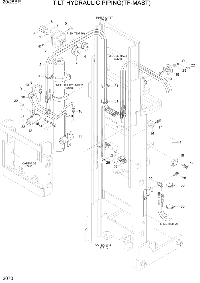 Схема запчастей Hyundai 20/25BR - PAGE 2070 TILT HYDRAULIC PIPING(TF-MAST) ГИДРАВЛИЧЕСКАЯ СИСТЕМА