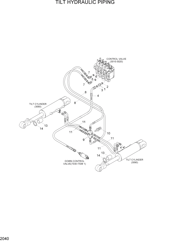 Схема запчастей Hyundai HBF20/HBF25/HBF30/HBF32/HBF20-7 - PAGE 2040 TILT HYDRAULIC PIPING ГИДРАВЛИЧЕСКАЯ СИСТЕМА