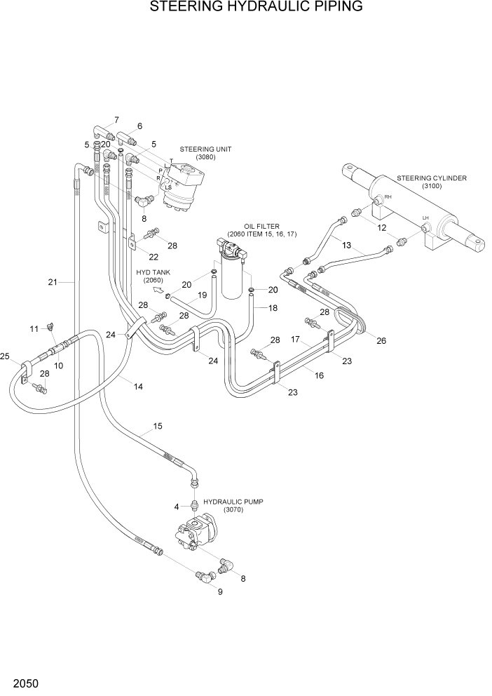 Схема запчастей Hyundai HBF20/HBF25/HBF30/HBF32/HBF20-7 - PAGE 2050 STEERING HYDRAULIC PIPING ГИДРАВЛИЧЕСКАЯ СИСТЕМА