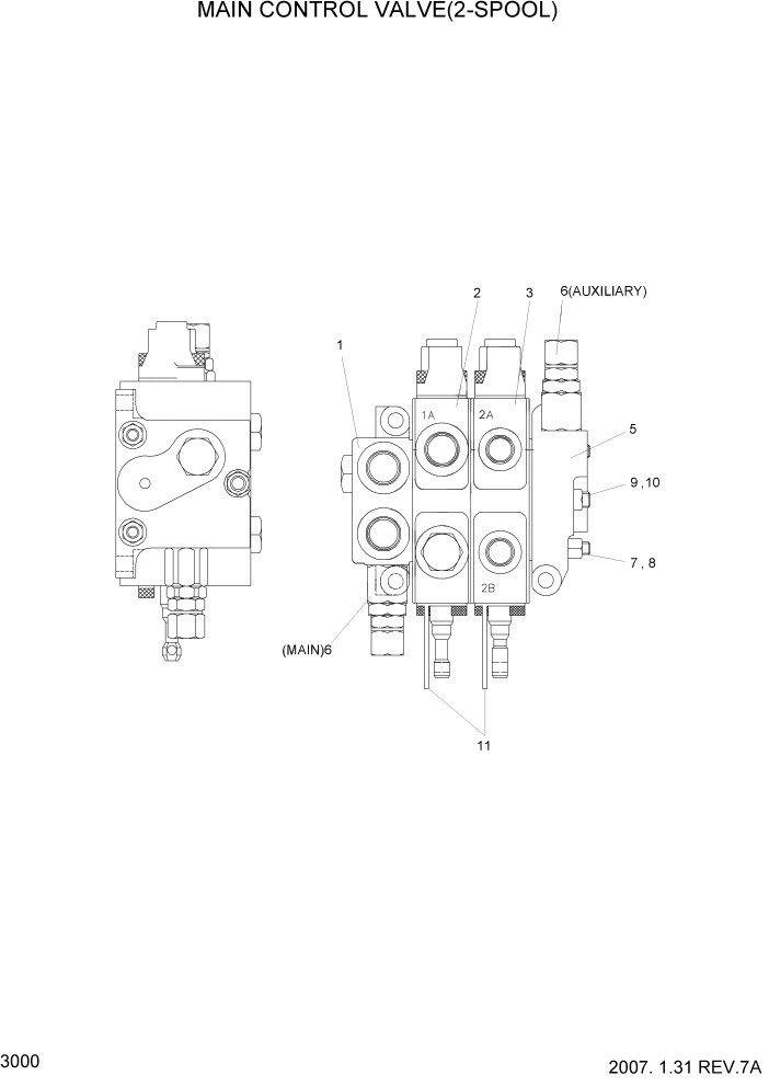 Схема запчастей Hyundai HBF20/HBF25/HBF30/HBF32/HBF20-7 - PAGE 3000 MAIN CONTROL VALVE(2-SPOOL,STD) ГИДРАВЛИЧЕСКИЕ КОМПОНЕНТЫ
